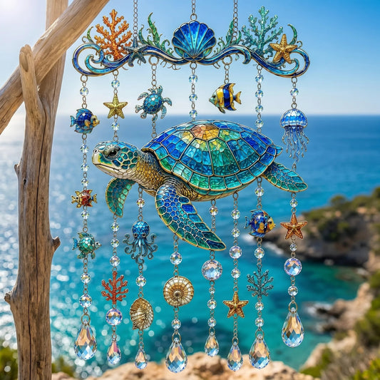 🐬🐢Campanilla de Viento de Cristal Temática Oceánica – 🌊Lleva el Brillo del Océano a Tu Jardín