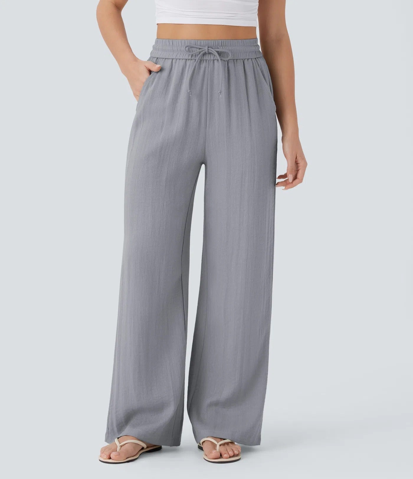 Halara High Waisted Drawstring Pocket Wide Leg Casual Linen-Feel Pants