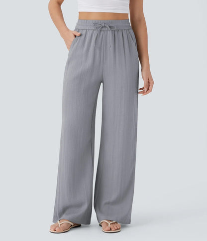 Halara High Waisted Drawstring Pocket Wide Leg Casual Linen-Feel Pants