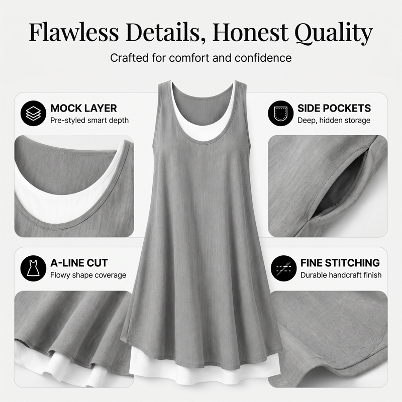 ⏰Summer Hot Sale 50% OFF💃Women's Casual Loose Sleeveless Fake Two Piece Tank Dress