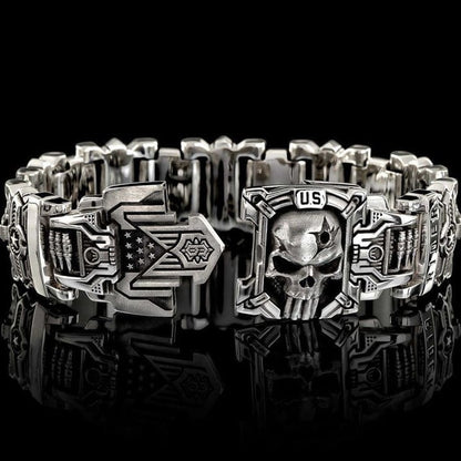 HOT SALE-Armed Forces Destiny Struggle Skull Interlock Silver Bracelet