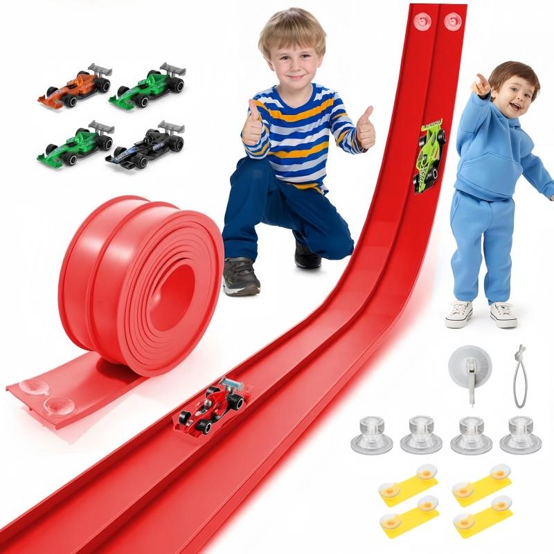 Track racing set, including mini race cars, suction cups, and hooks, perfect as a birthday and Christmas gift for kids.