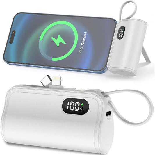 Mini Power Bank Cápsula: Cargador de Bolsillo de 5000mAh con Cable Incorporado