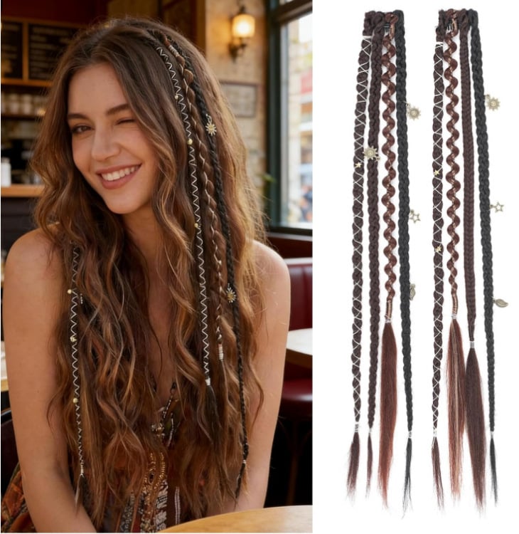 Boho Dreadlock Clip in Hair Extensions with Beads and Charms