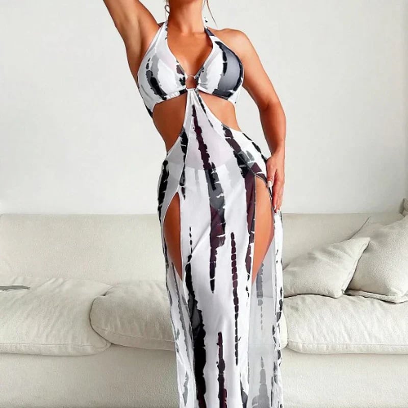 ✨ Striped Two-Piece Swimsuit – Bow Neck, Ring Detail, High Stretch 🌊