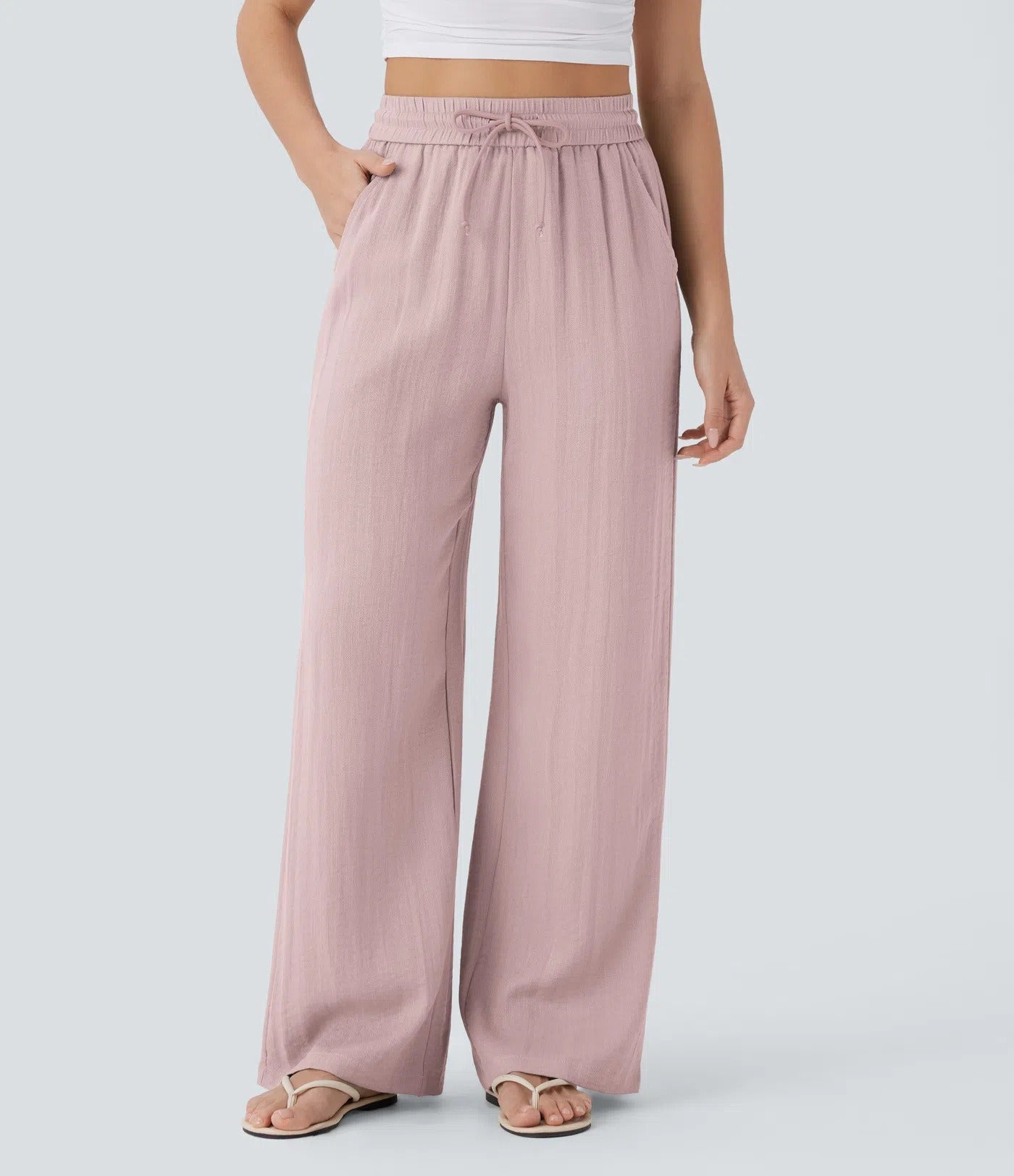 Halara High Waisted Drawstring Pocket Wide Leg Casual Linen-Feel Pants
