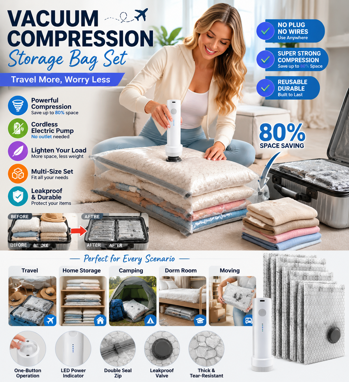Cordless Travel Vacuum Bag Set, Save 80% of luggage space immediately
