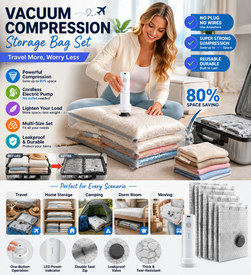 Cordless Travel Vacuum Bag Set, Save 80% of luggage space immediately
