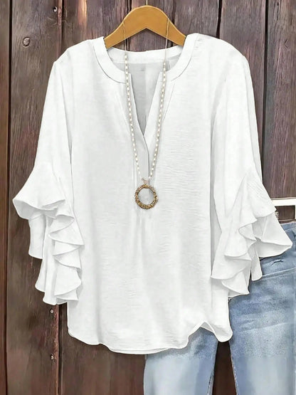 🔥Plus Size Women's Ruffle Sleeve V-Neck Shirt, Elegant Floral Design, Comfortable and Stylish, Perfect for Casual Wear