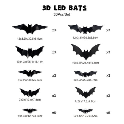 3D LED Glowing Bat Wall Decorations – Halloween Flying Bat Swarm Set