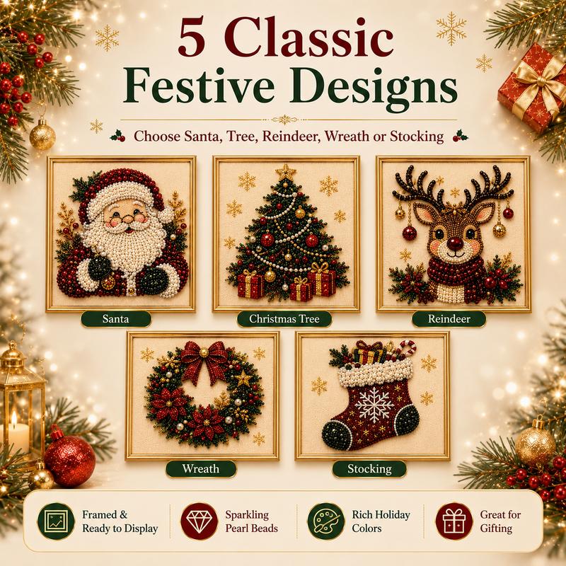 Frameless 3D Beaded Christmas Pearl Diamond Painting, Xmas Wreath Stocking Mosaic Art🎄