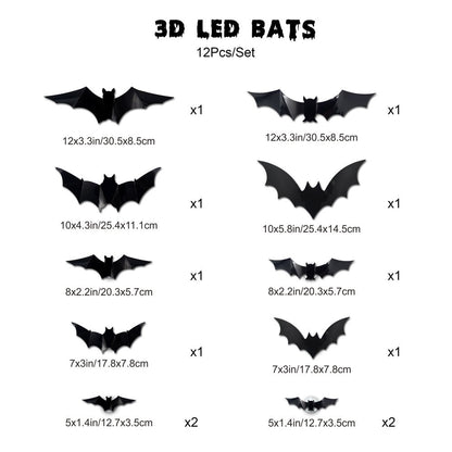 3D LED Glowing Bat Wall Decorations – Halloween Flying Bat Swarm Set