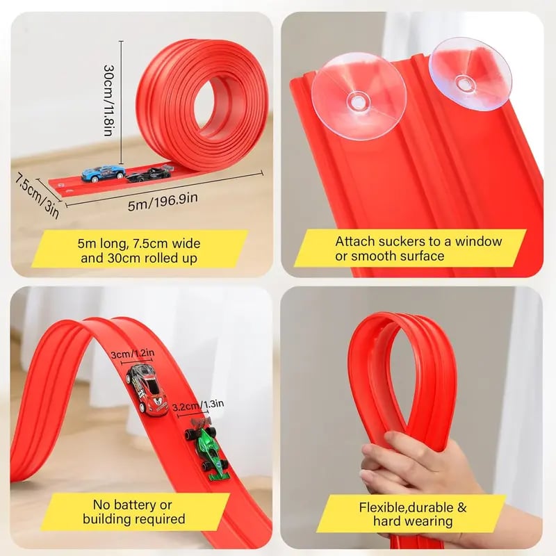 Track racing set, including mini race cars, suction cups, and hooks, perfect as a birthday and Christmas gift for kids.