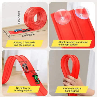 Track racing set, including mini race cars, suction cups, and hooks, perfect as a birthday and Christmas gift for kids.