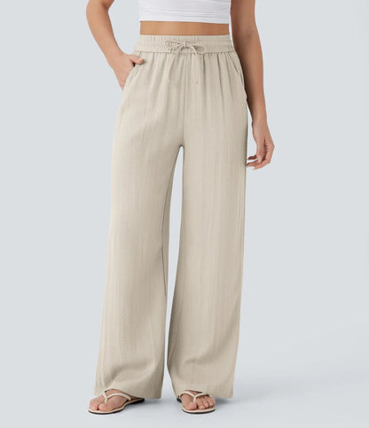 Halara High Waisted Drawstring Pocket Wide Leg Casual Linen-Feel Pants
