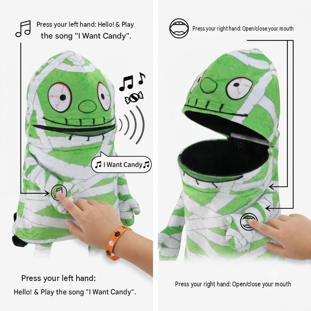 Kids Interactive Green Mummy Plush Candy Backpack | Music Playing Trick or Treat Bag