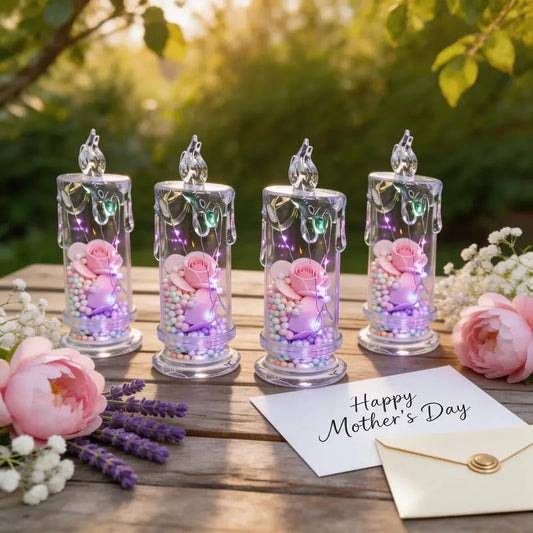 Set of four realistic rose-shaped candle lights, battery-powered and smoke-free. Perfect as a Mother's Day gift or as table decor for the bedroom, living room, Valentine’s Day, and more. Ideal for parties, birthdays, weddings, and all kinds of occasions.
