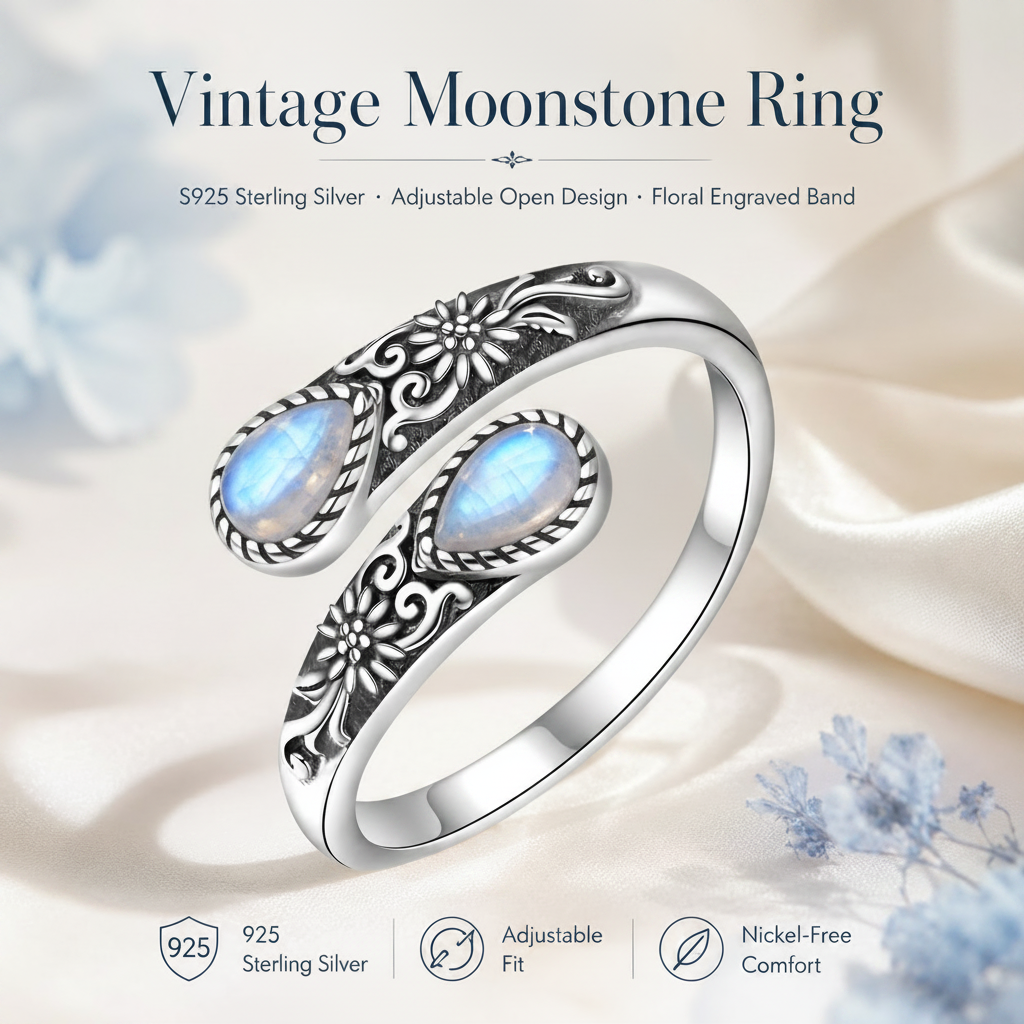 Moonstone Bloom Ring | Vintage Floral • Adjustable Open Band