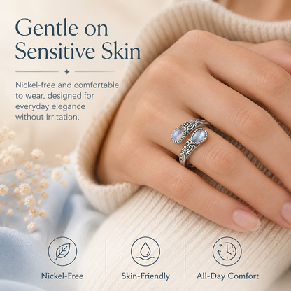 Moonstone Bloom Ring | Vintage Floral • Adjustable Open Band