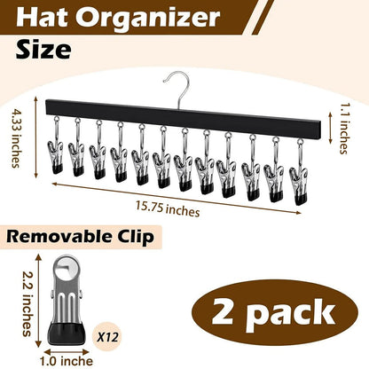 ✔️Wooden Hat Organizer with 12 Stainless Steel Clips Holds