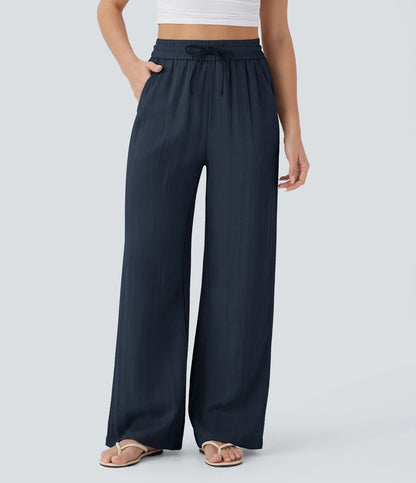 Halara High Waisted Drawstring Pocket Wide Leg Casual Linen-Feel Pants