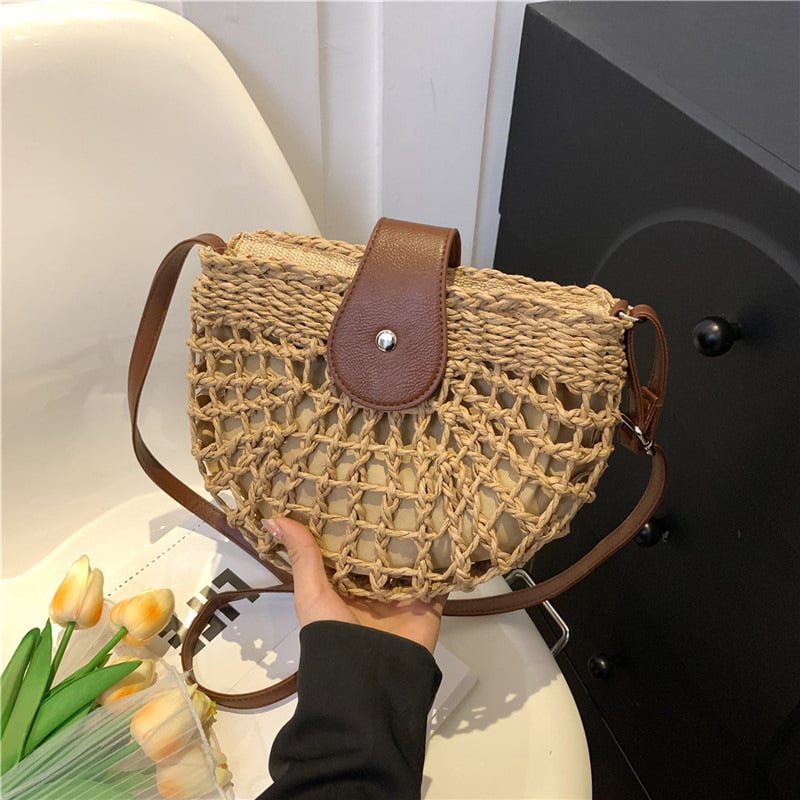 🔥49% DE DESCUENTO✨Bolso de paja semicircular calado bohemio para mujer