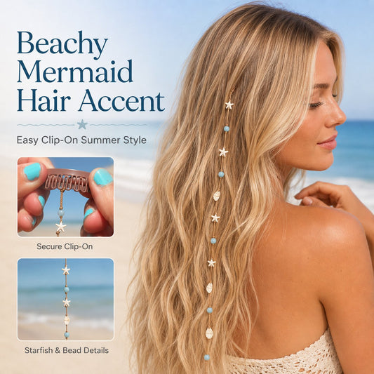 🎉🌊⭐Beachy Mermaid Hair Accent Clip (Featuring blue bead accents, starfish, and shell charms)