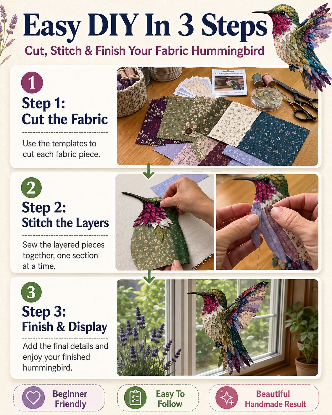 ✨ 3D Patchwork Bird DIY Craft Kit – Create a Layered Fabric Bird Worth Displaying 🐦💕Beginner Friendly