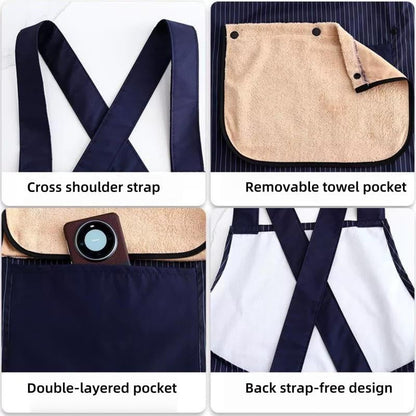 Unisex apron with pockets, featuring a cross-back strap design and including a towel