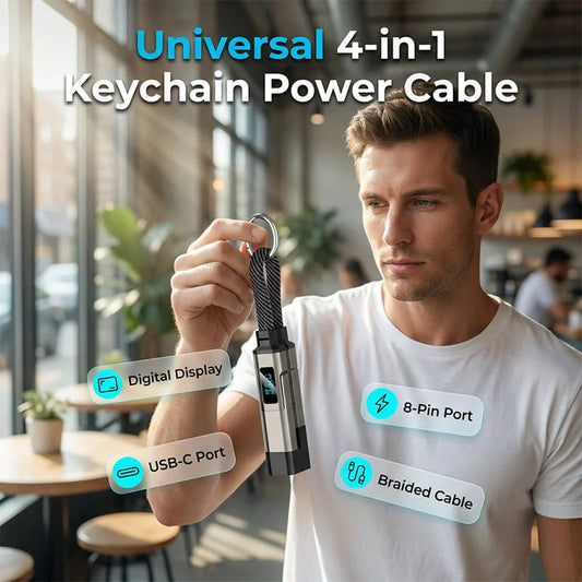 🔌 Cable de carga 4 en 1 con pantalla digital y llavero – Carga rápida, resistente a dobleces y compacto