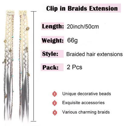 Boho Dreadlock Clip in Hair Extensions with Beads and Charms