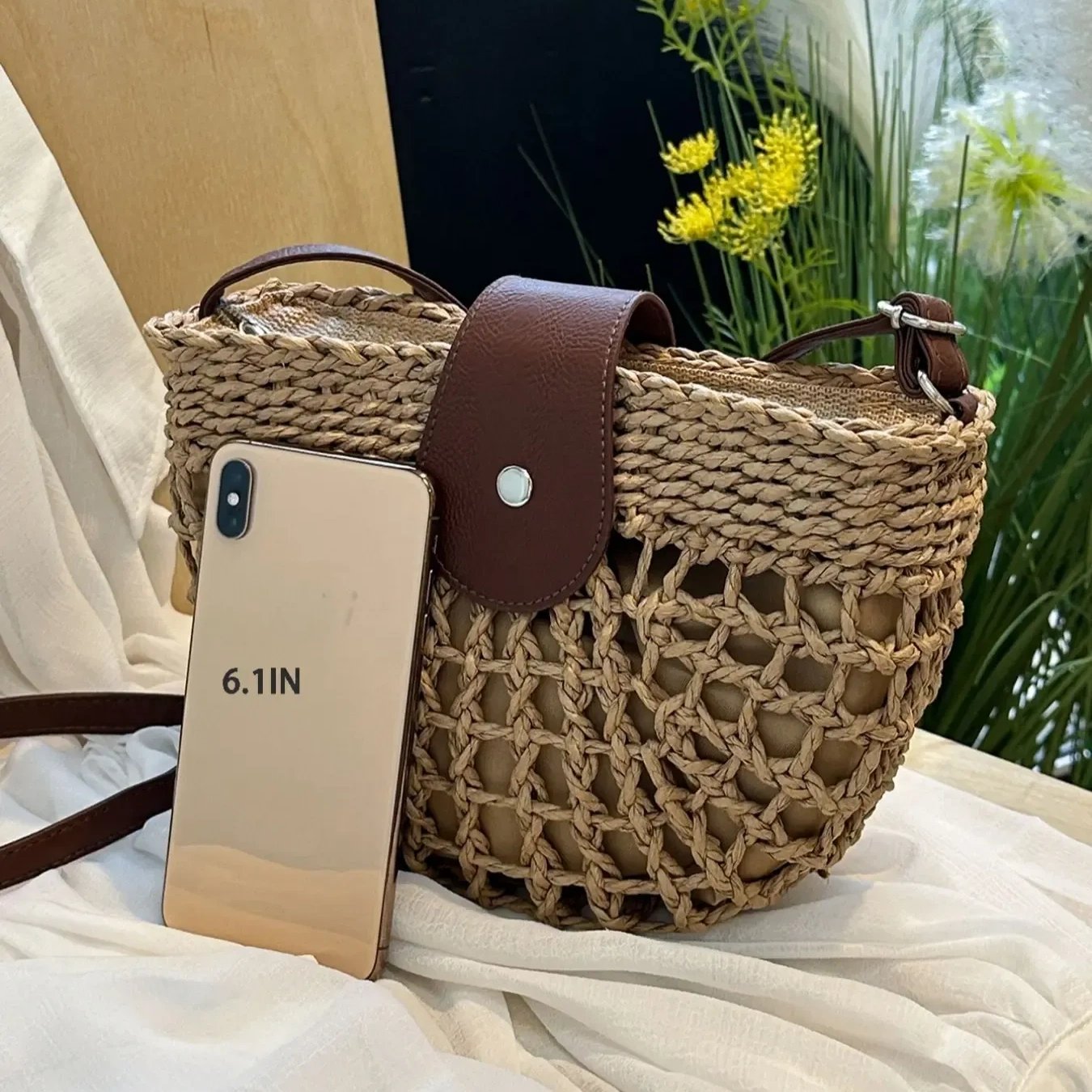 🔥49% DE DESCUENTO✨Bolso de paja semicircular calado bohemio para mujer