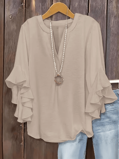 🔥Plus Size Women's Ruffle Sleeve V-Neck Shirt, Elegant Floral Design, Comfortable and Stylish, Perfect for Casual Wear