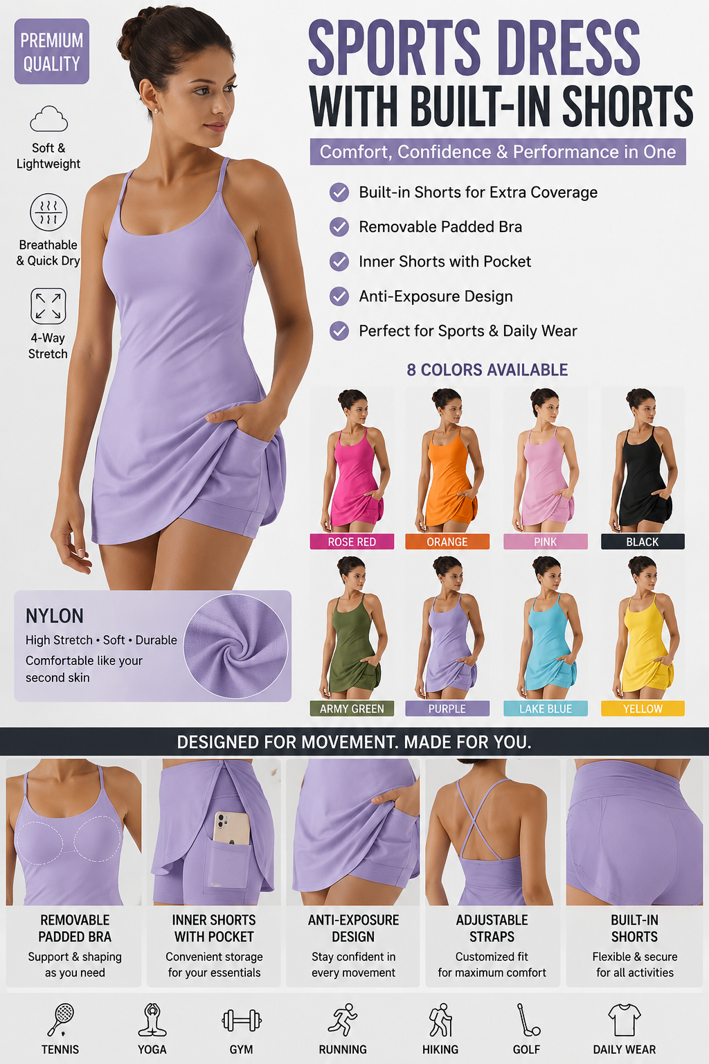 Women’s Spaghetti Strap Athletic Tennis Dress with Built-in Shorts