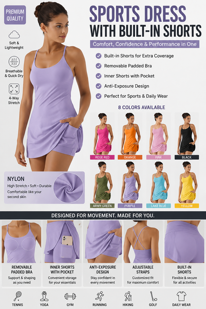 Women’s Spaghetti Strap Athletic Tennis Dress with Built-in Shorts