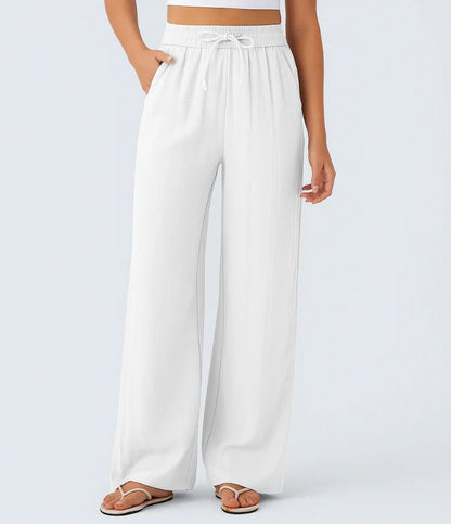Halara High Waisted Drawstring Pocket Wide Leg Casual Linen-Feel Pants