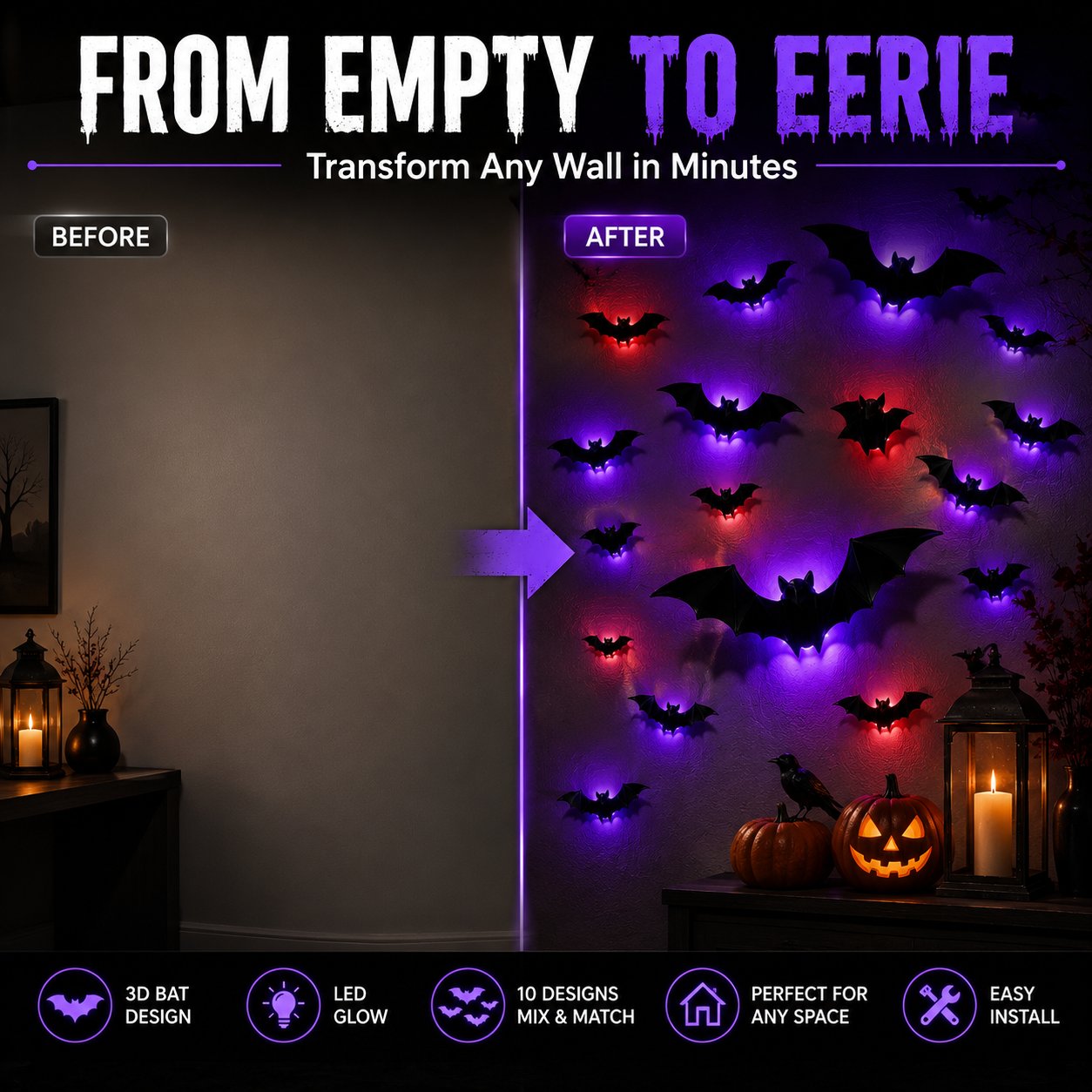 3D LED Glowing Bat Wall Decorations – Halloween Flying Bat Swarm Set