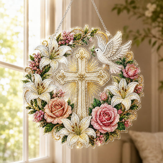 ✝️💐 Kit de adornos colgantes de arte de diamantes de cruz, flores y paloma – Una manualidad relajante llena de fe y paz ✨🙏