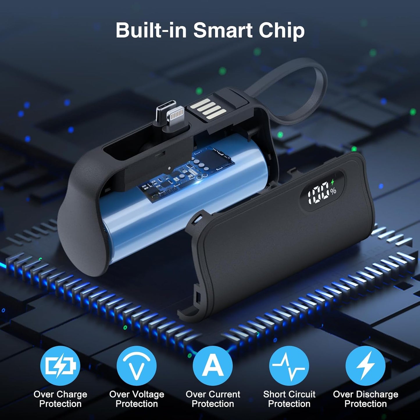 Mini Capsule Power Bank: 5000mAh Pocket-Sized Charger with Built-in Cable