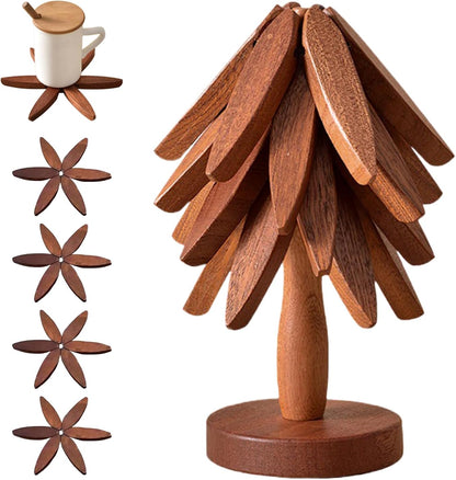 ✨🎄Natural Tree Trivet Set - 4 Wooden Trivets & 1 Stand Like a Christmas Tree🎄
