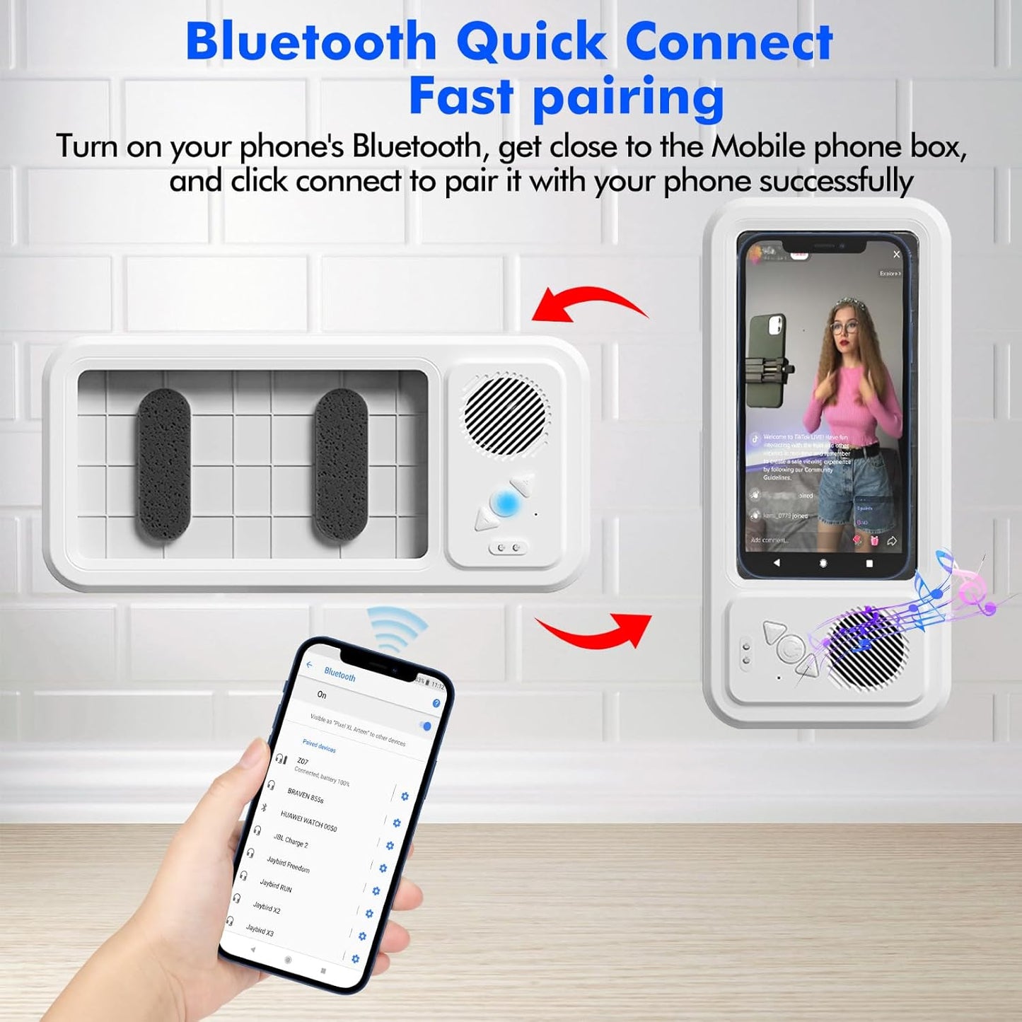 🔥Waterproof Bluetooth Shower Phone Holder - 480° Rotation with Speaker
