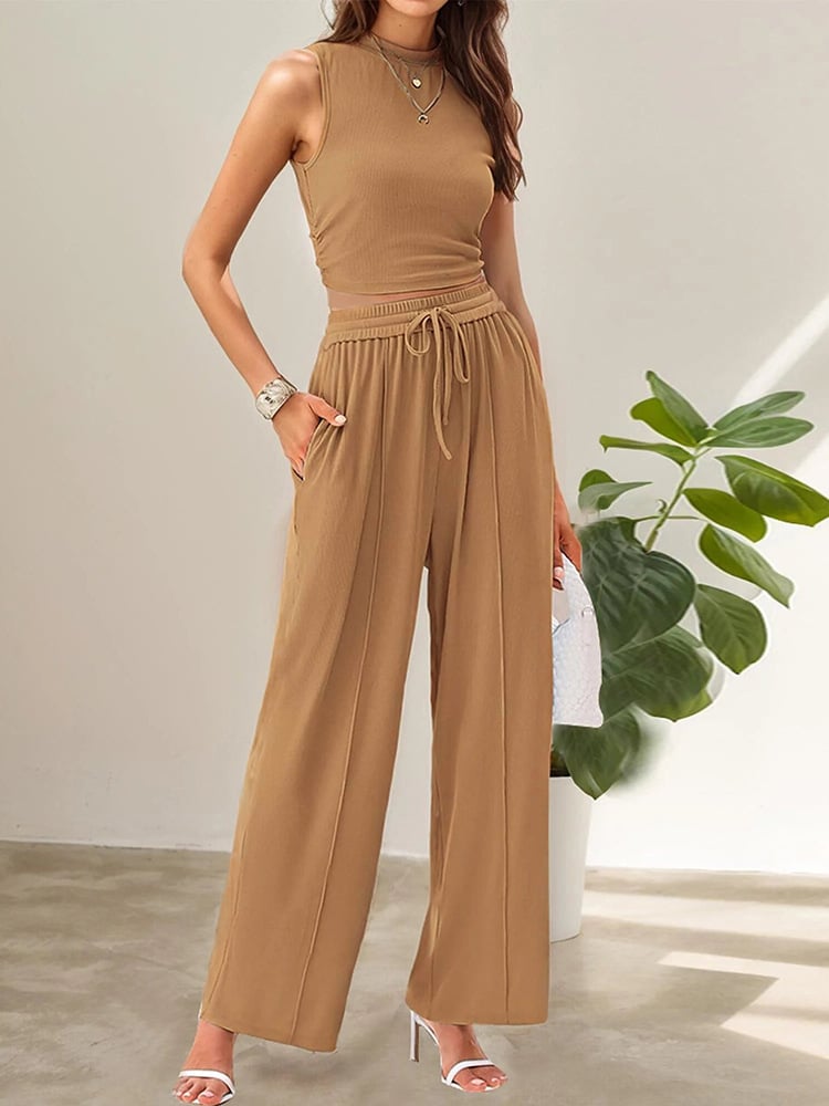 Women's Summer 2-Piece Outfits - Ribbed Knit Crew Neck Sleeveless Cropped Top & Wide Leg Pants Lounge Set.