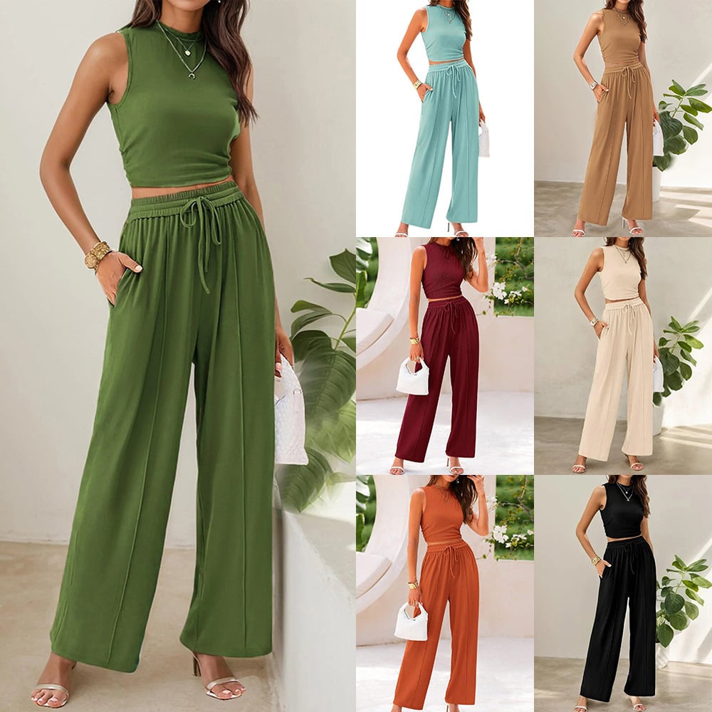 Women's Summer 2-Piece Outfits - Ribbed Knit Crew Neck Sleeveless Cropped Top & Wide Leg Pants Lounge Set.