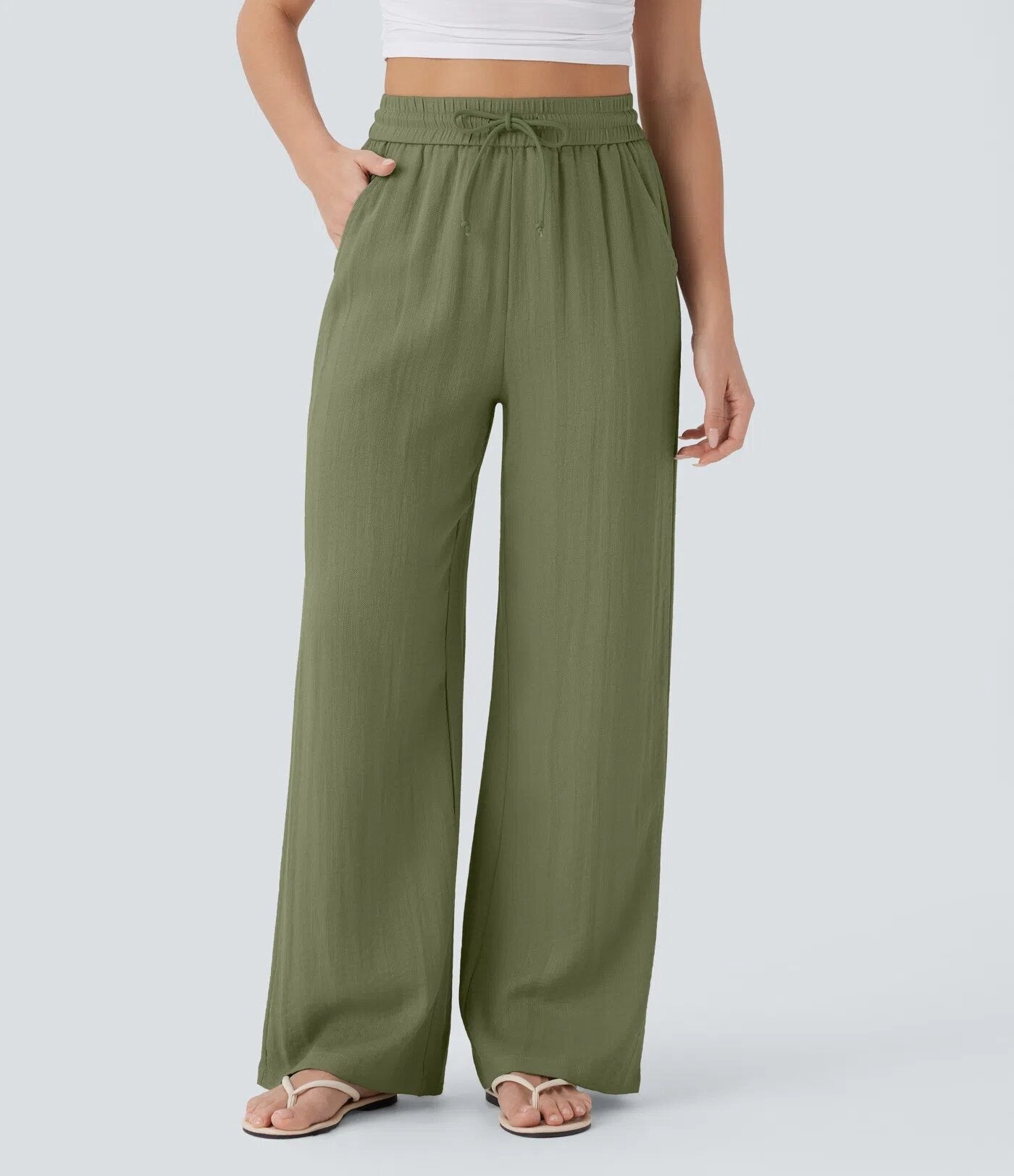 Halara High Waisted Drawstring Pocket Wide Leg Casual Linen-Feel Pants