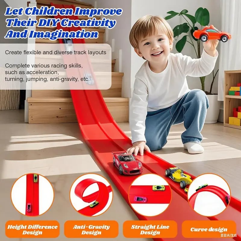Track racing set, including mini race cars, suction cups, and hooks, perfect as a birthday and Christmas gift for kids.