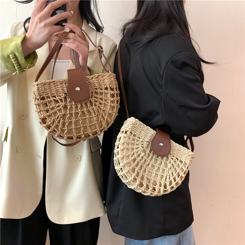 🔥49% DE DESCUENTO✨Bolso de paja semicircular calado bohemio para mujer