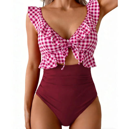 🏖️Summer Hot Sale 🌊Women’s Tummy-Control One-Piece Swimsuit💃Flattering V-Neck🩱Ruched Slimming Design🌸Elegant Ruffle & Chic Cut-Out 💕