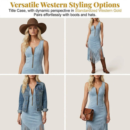 🔥HOT SALE🔥🤠 50% OFF! ✨ Retro Western Tassel Sleeveless Slim Dress – Fringe Hem, Front Zipper, Cowgirl Style 🌵