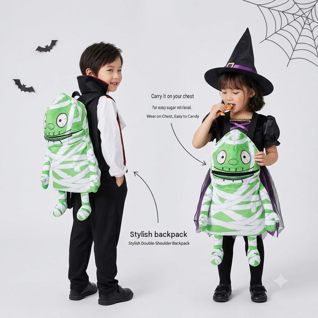 Kids Interactive Green Mummy Plush Candy Backpack | Music Playing Trick or Treat Bag