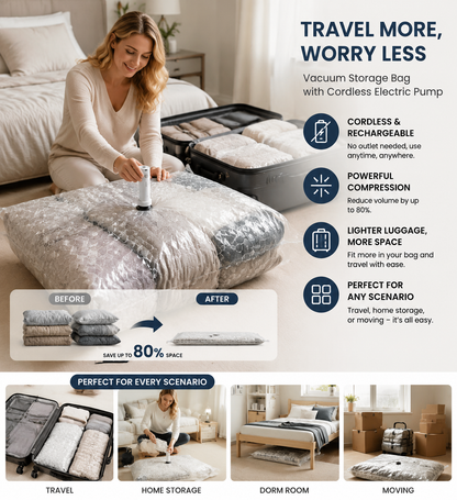 Cordless Travel Vacuum Bag Set, Save 80% of luggage space immediately